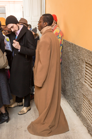 MILAN, ITALY - JANUARY 12: Fashionable man poses outside Magliano fashion show during Milan Men's Fashion Week on JANUARY 12, 2019 in Milan.のeditorial素材