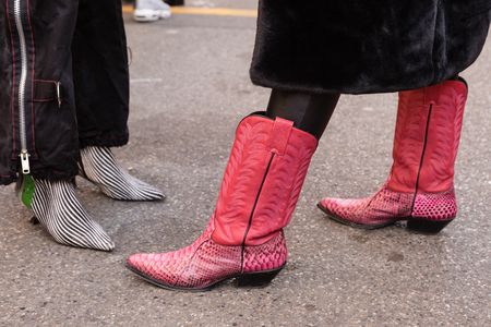 MILAN, ITALY - JANUARY 12: Detail of shoes outside Magliano fashion show during Milan Men's Fashion Week on JANUARY 12, 2019 in Milan.のeditorial素材