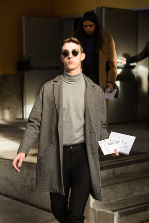 MILAN, ITALY - JANUARY 12: Fashionable man poses outside Magliano fashion show during Milan Men's Fashion Week on JANUARY 12, 2019 in Milan.のeditorial素材