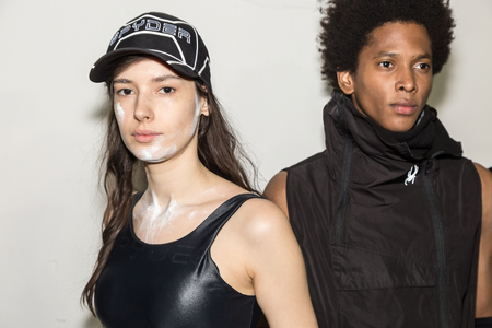MILAN, ITALY - JANUARY 14: Beautiful models pose in the backstage just before Spyder show during Milan Men's Fashion Week on JANUARY 14, 2019 in Milan.のeditorial素材