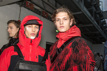 MILAN, ITALY - JANUARY 14: Beautiful models pose in the backstage just before Spyder show during Milan Men's Fashion Week on JANUARY 14, 2019 in Milan.のeditorial素材