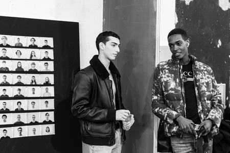 MILAN, ITALY - JANUARY 14: Beautiful models pose in the backstage just before Spyder show during Milan Men's Fashion Week on JANUARY 14, 2019 in Milan.のeditorial素材