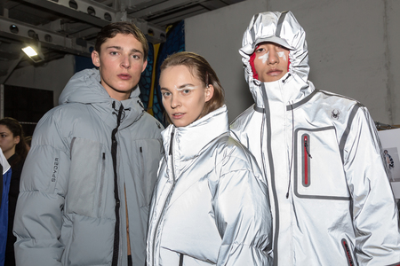 MILAN, ITALY - JANUARY 14: Beautiful models pose in the backstage just before Spyder show during Milan Men's Fashion Week on JANUARY 14, 2019 in Milan.のeditorial素材