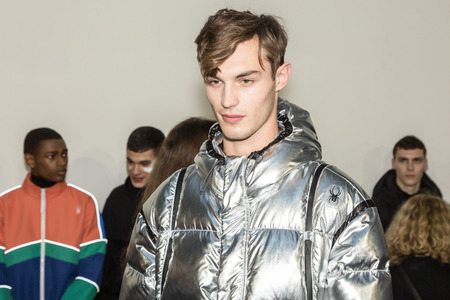 MILAN, ITALY - JANUARY 14: Beautiful model poses in the backstage just before Spyder show during Milan Men's Fashion Week on JANUARY 14, 2019 in Milan.のeditorial素材