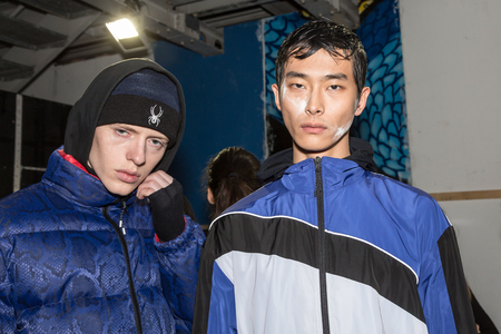 MILAN, ITALY - JANUARY 14: Beautiful models pose in the backstage just before Spyder show during Milan Men's Fashion Week on JANUARY 14, 2019 in Milan.のeditorial素材