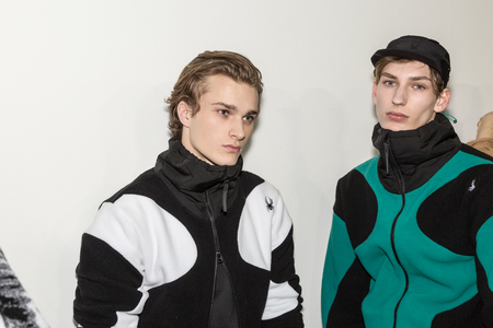 MILAN, ITALY - JANUARY 14: Beautiful models pose in the backstage just before Spyder show during Milan Men's Fashion Week on JANUARY 14, 2019 in Milan.のeditorial素材