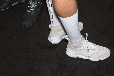 MILAN, ITALY - JANUARY 14: Detail of shoes in the backstage just before Spyder show during Milan Men's Fashion Week on JANUARY 14, 2019 in Milan.のeditorial素材