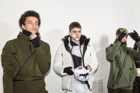 MILAN, ITALY - JANUARY 14: Beautiful models pose in the backstage just before Spyder show during Milan Men's Fashion Week on JANUARY 14, 2019 in Milan.のeditorial素材