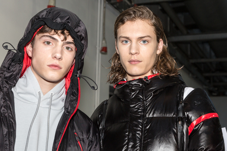MILAN, ITALY - JANUARY 14: Beautiful models pose in the backstage just before Spyder show during Milan Men's Fashion Week on JANUARY 14, 2019 in Milan.のeditorial素材