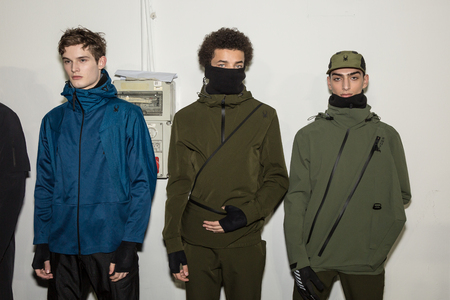 MILAN, ITALY - JANUARY 14: Beautiful models pose in the backstage just before Spyder show during Milan Men's Fashion Week on JANUARY 14, 2019 in Milan.のeditorial素材