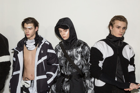 MILAN, ITALY - JANUARY 14: Beautiful models pose in the backstage just before Spyder show during Milan Men's Fashion Week on JANUARY 14, 2019 in Milan.のeditorial素材