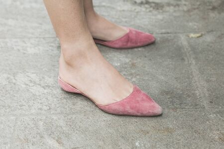 MILAN, ITALY - JUNE 15: Detail of shoes outside Armani fashion show during Milan Men's Fashion Week on JUNE 15, 2019 in Milan.のeditorial素材
