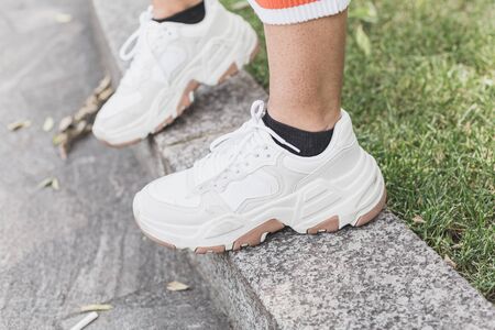 MILAN, ITALY - JUNE 15: Detail of shoes outside Armani fashion show during Milan Men's Fashion Week on JUNE 15, 2019 in Milan.のeditorial素材
