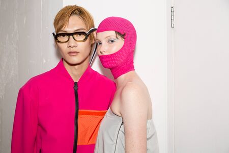 MILAN, ITALY - JUNE 17: Beautiful models pose in the backstage just before Edithmarcel show during Milan Men's Fashion Week on JUNE 17, 2019 in Milan.のeditorial素材