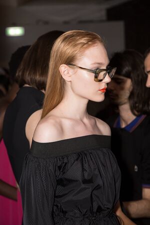 MILAN, ITALY - JUNE 17: Beautiful model poses in the backstage just before Edithmarcel show during Milan Men's Fashion Week on JUNE 17, 2019 in Milan.のeditorial素材