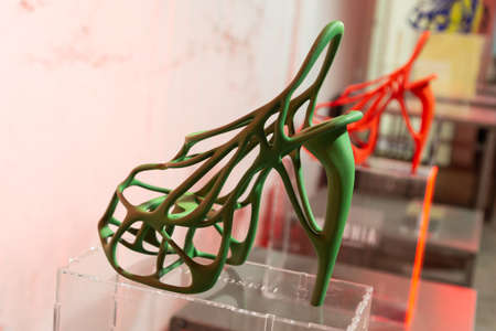 MILAN, ITALY - FEBRUARY 20: Wearable 3D printed shoes by fashion designer Naim Josefi are seen on display at White on FEBRUARY 20, 2020 in Milan.のeditorial素材