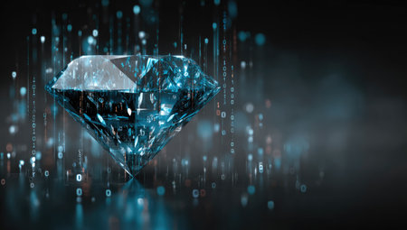 A large, multifaceted gemstone sparkles with data streams in a dark, ethereal backgroundの素材
