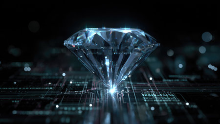 A large, sparkling diamond sits atop a circuit board with ethereal lighting, dark backgroundの素材