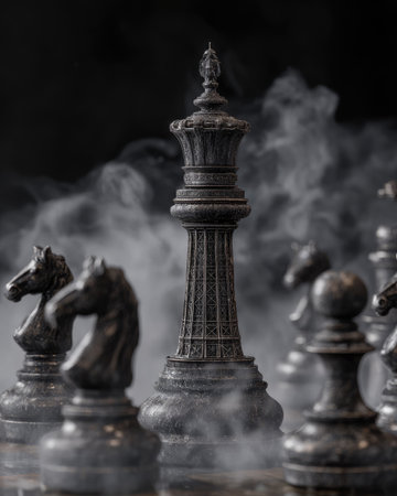 Chess pieces shrouded in smoky mist, dramatic lighting emphasizing the kingの素材