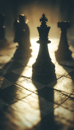 Close-up, dramatic lighting highlights a chess king and pieces on a checkered boardの素材