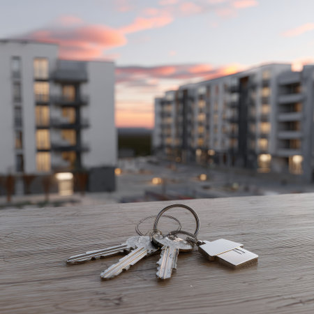 A wooden surface features keys, buildings blur in the distance beneath a sunsetの素材