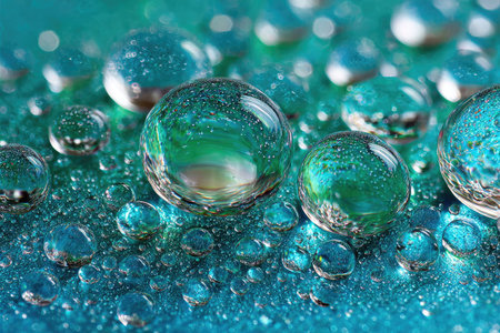 Macro shot of translucent water droplets on a blue-green surface reflecting vibrant huesの素材