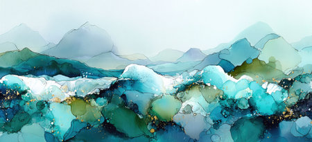 Abstract landscape of mountains and water in hues of turquoise, teal, and goldの素材