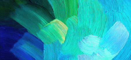 Abstract close-up of layered brushstrokes with vibrant blues, greens, and hints of yellowの素材