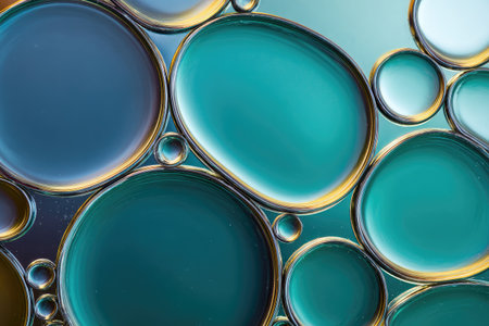 Macro shot of mixed liquids creating floating, iridescent bubbles in shades of teal &amp; blueの素材