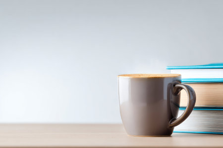 Warm coffee steaming in a mug beside a stack of books, set on a light wooden surfaceの素材