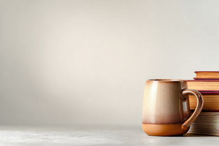 A warm mug sits near stacked books, bathed in soft light, creating a cozy, inviting sceneの素材