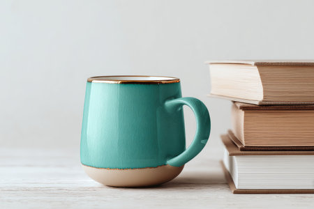 Teal mug &amp; stacked books sit on light surface. Calm scene invites reading and relaxationの素材
