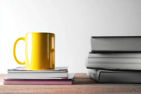 Yellow mug sits on books; another stack is beside it, all on wood, white backdropの素材