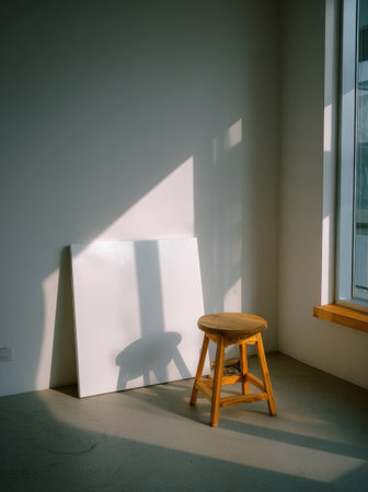 Empty sunlit art studio corner a canvas, wooden stool, and window lightの素材