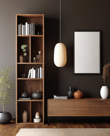 Modern interior scene with a bookcase, wall art, and minimalist furnishingsの素材