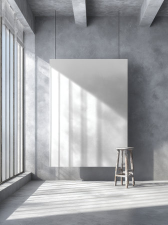 A blank square canvas hangs in a concrete room bathed in sunlight, next to a stoolの素材