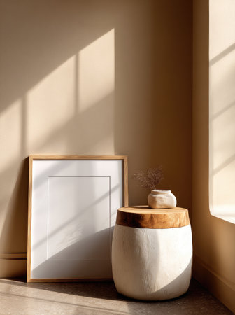 Interior scene of a framed print, table with vase, and light from a windowの素材
