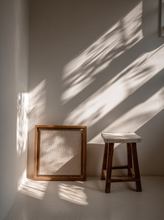 Interior shot with sunlight, frame, and stool casting patterned shadows on a white wallの素材