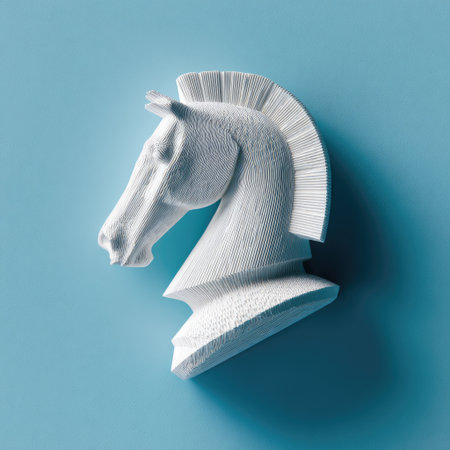 A white chess piece knight, with textured surface, casts a shadow on a blue backdropの素材