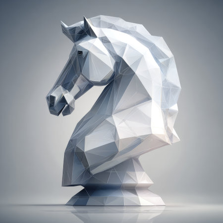 A 3D polygonal white chess knight piece, rendered with a subtle gradient backdropの素材