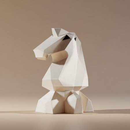 A low-poly white chess knight statue on a neutral background, lit with soft shadowsの素材