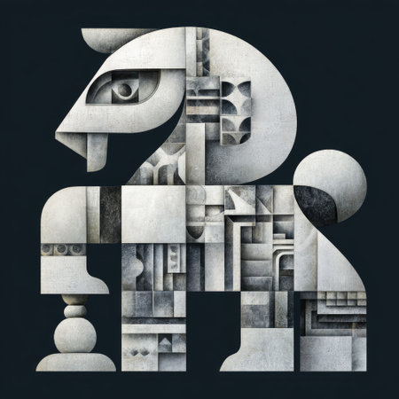 Geometric, cubist-like animal sculpture, grayscale, against a dark background, textured surfaceの素材