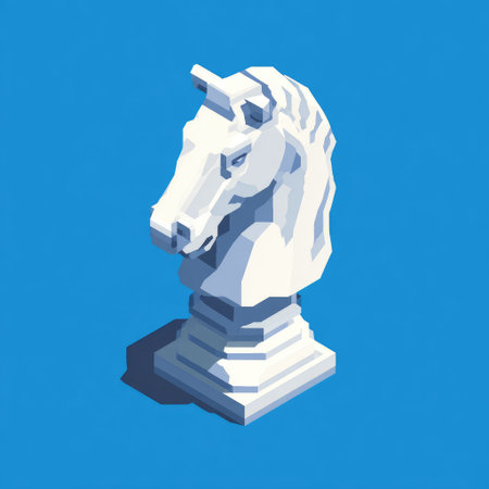 Low-poly white chess knight piece on a blue background, casting a shadowの素材