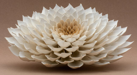 Close-up view of a layered, sculpted flower with petal-like segments, neutral tonesの素材