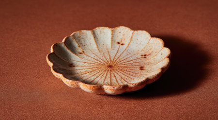 A scalloped, ceramic plate with radial lines, placed on a textured brown backgroundの素材