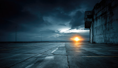 Moody, wide, industrial rooftop scene features a dramatic cloudy sunsetの素材