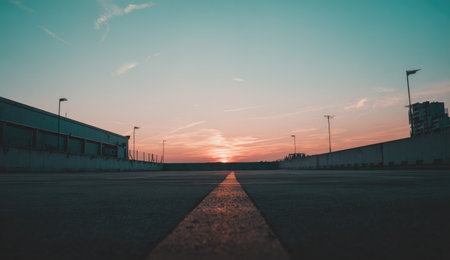 Wide open concrete parking structure under a beautiful sunset sky, perspective viewの素材