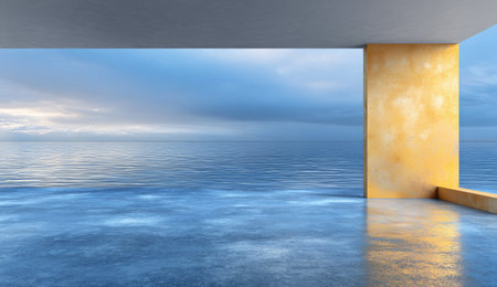 Coastal view framed by a concrete structure, overlooking serene ocean under a cloudy skyの素材