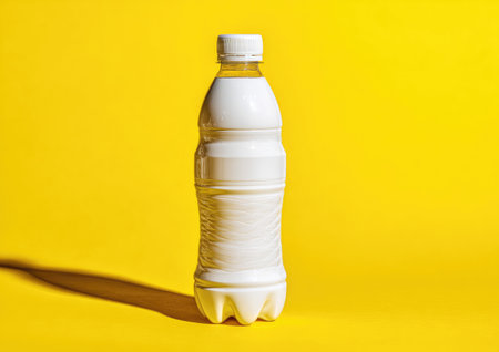 Clear plastic bottle of white liquid with white cap and label, against a vibrant yellow backdropの素材