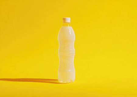 A clear, plastic bottle filled with a light-colored liquid against a vibrant yellow backdropの素材